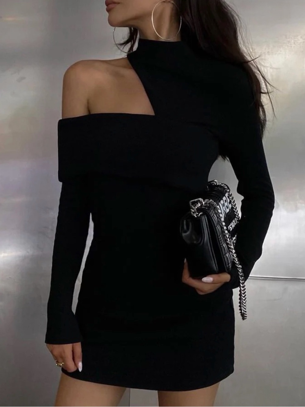 Commense Black Asymmetrical Off-Shoulder Bodycon Dress